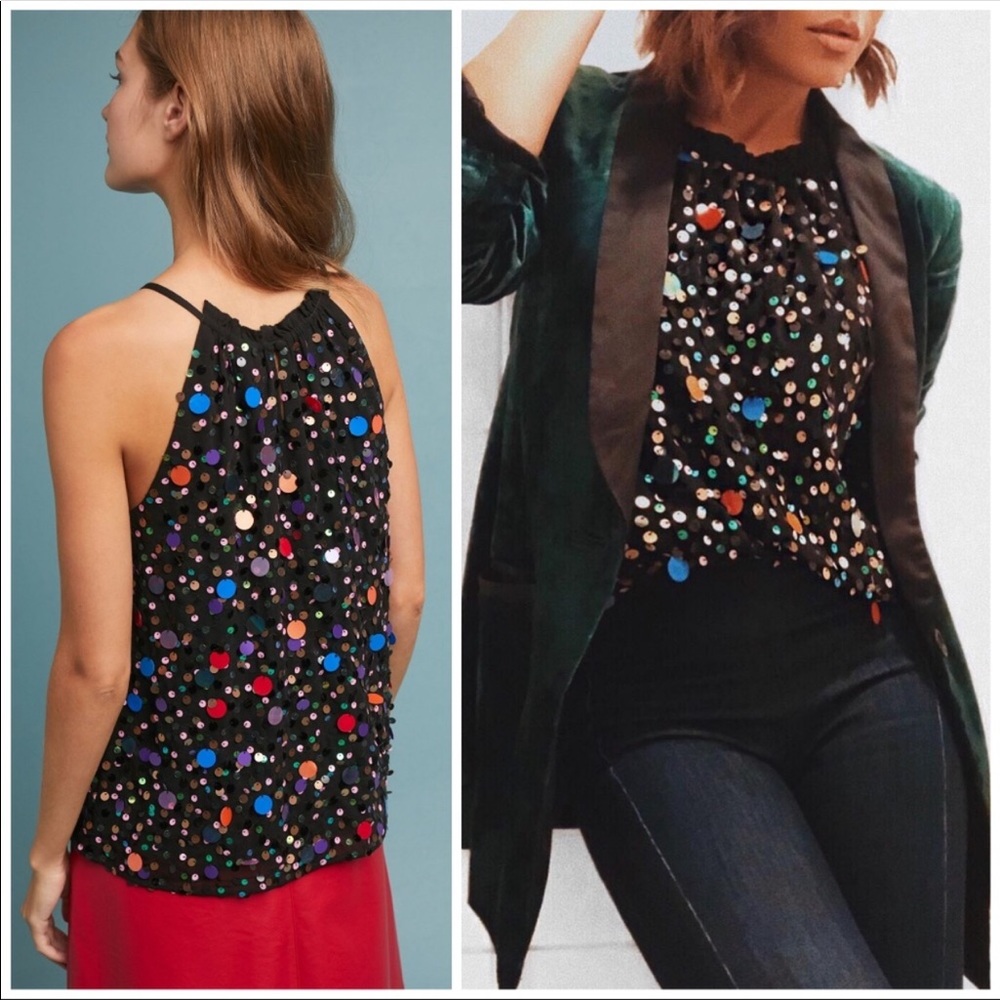 Anthropologie Black Sequin Halter Tank with Multicolor Dots